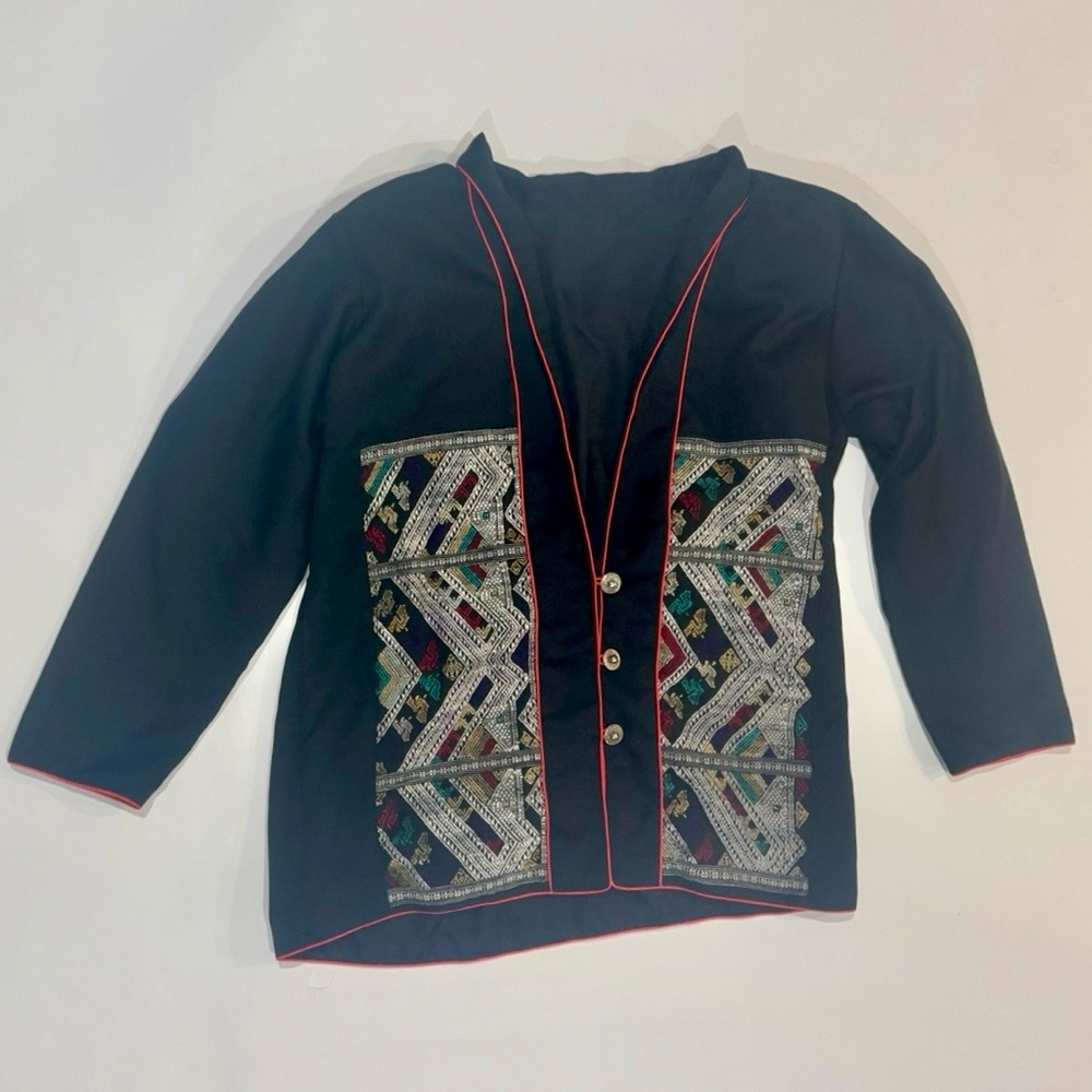 Vintage Style Embroidered Jacket Boho Tribal Cropped Black‎ Red Trim Women Small